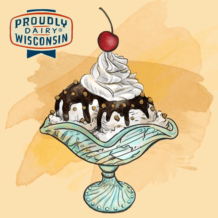 ice cream sundae, proudly dairy wisconsin logo